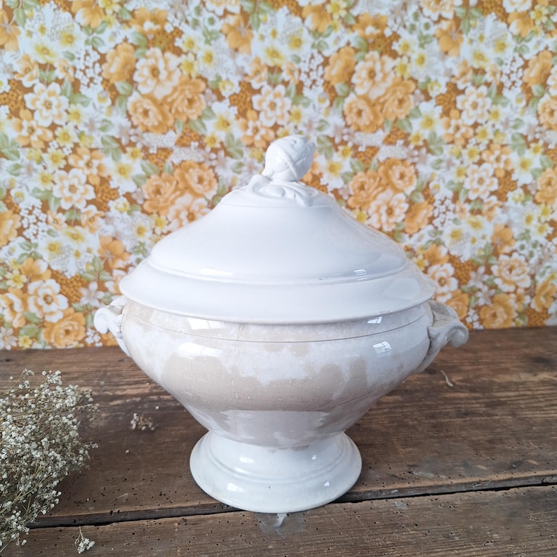 May include: A white ceramic tureen with a lid, handles, and a pedestal base. The tureen has a decorative finial on the lid. The exterior has a speckled, aged appearance. The background is a floral pattern on a yellow and brown surface.