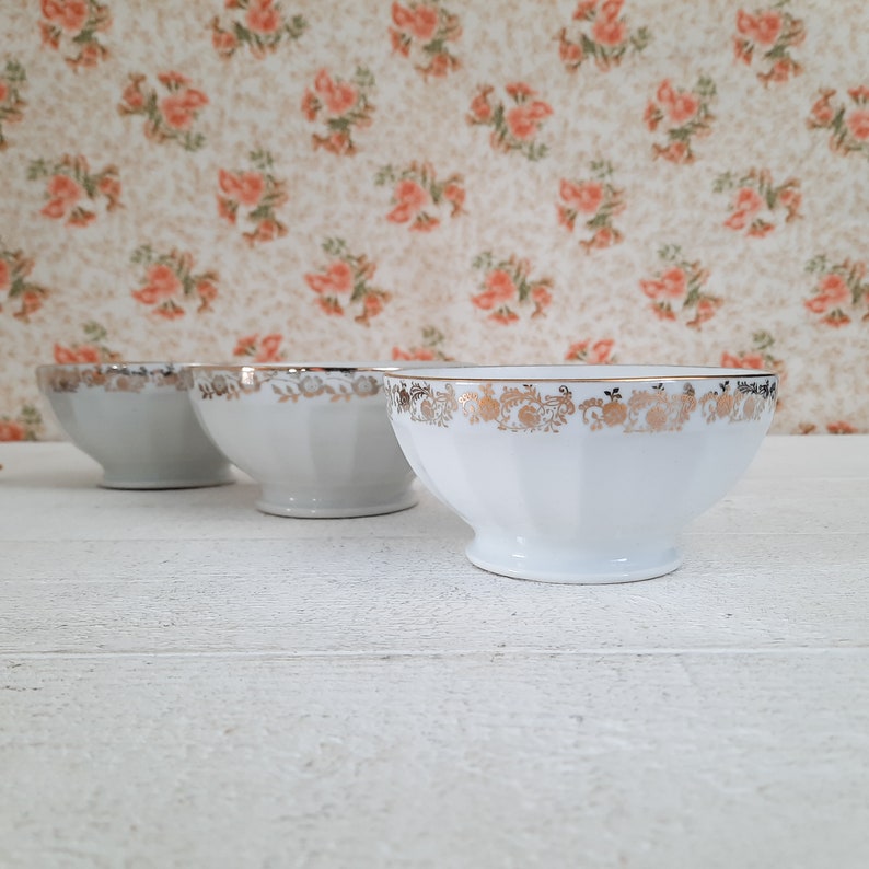 Set of 3 Vintage French Pedestal Cafe au Lait Bowls Faceted Ironstone Gold and White Porcelain Coffee Bowls image 9