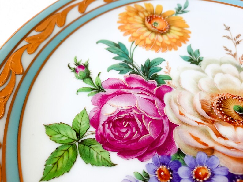Rehausse Main plate with Stand, Limoges Plate Hand Painted, Ornate Plate Gold Trim Plate, Flowers Plate, Decorative Wall Hanging Plate image 2