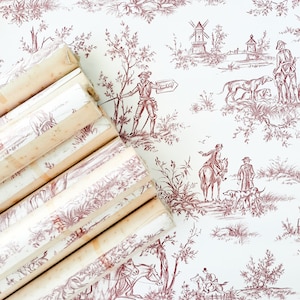 Carta da parati antica francese Toile de Jouy in rotoli, vintage, per progetti, decorazioni per castelli francesi, originale, nuova, in stock, per UN rotolo