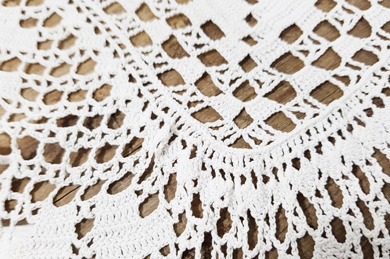 French Vintage Handmade Crocheted Lace Tablecloth White Crochet Table Runner