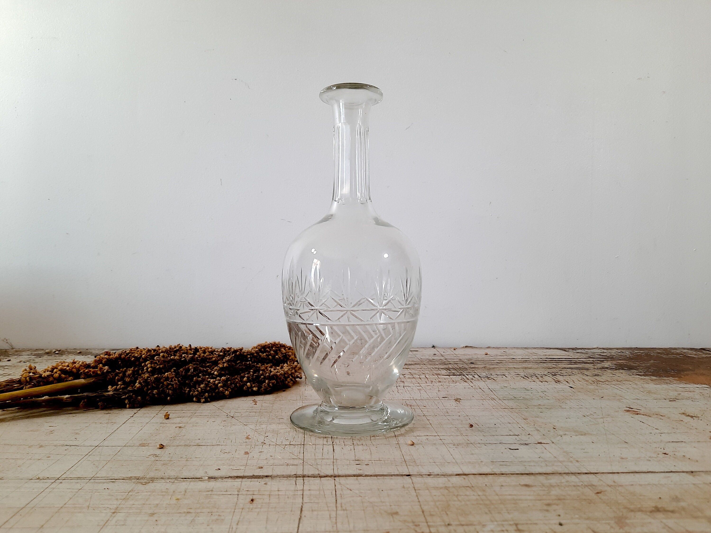 Français Carafe Antique Glass Decanter avec Bouchon Bouteille en Verre Gravé Bouteille Couvercle, Vi