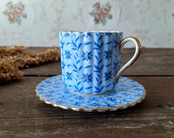 French Antique Blue Flowers SARREGUEMINES Cup and Saucer Floral Pattern, Coffee Cup Saucer