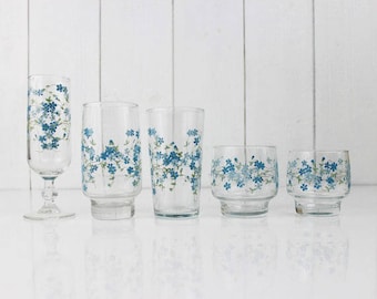 Set of 2 ARCOPAL Veronica Glass Drinking Glasses Myosotis Forget me Not Blue Flowers Glasses