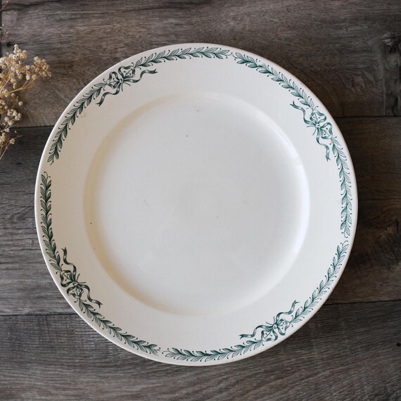 Large Antique French Terre De Fer Serving Platter Green Bow