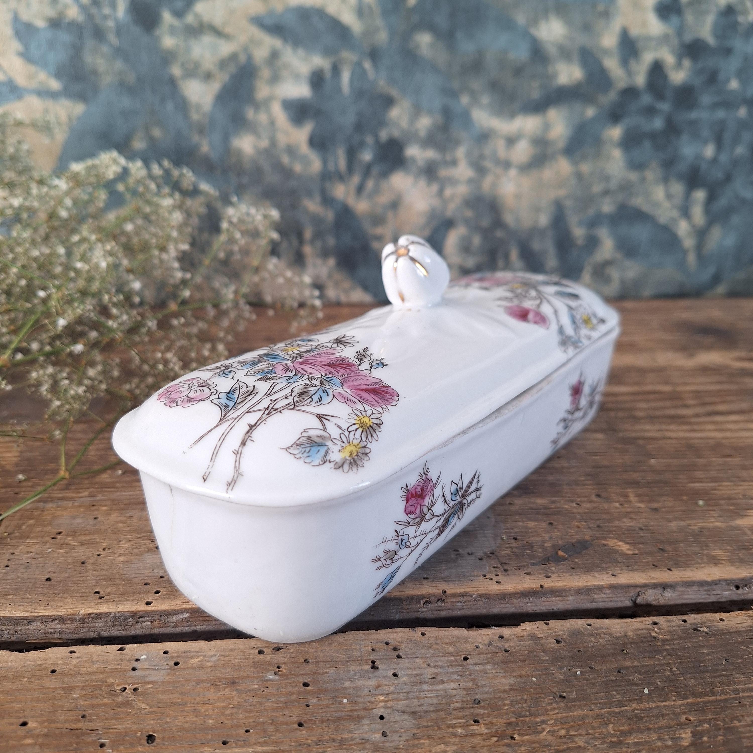 アンティークフランス製陶器製歯ブラシホルダー（花柄蓋付き