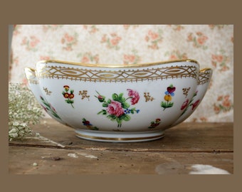 Bol de service de légumes vintage français DELVAUX des années 1880, bol floral carré en porcelaine de Limoges, fleurs et vermeil, bol de service de légumes salade