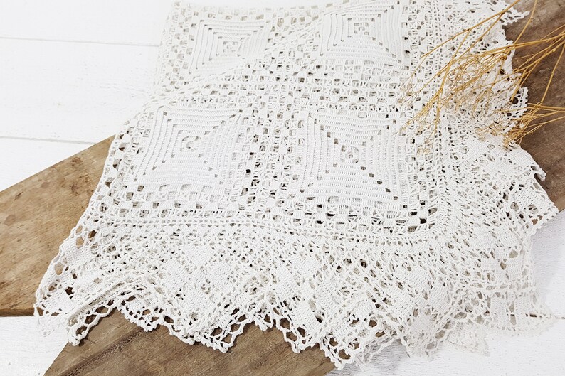 French Vintage Handmade Crocheted Lace Tablecloth White Crochet Table Runner