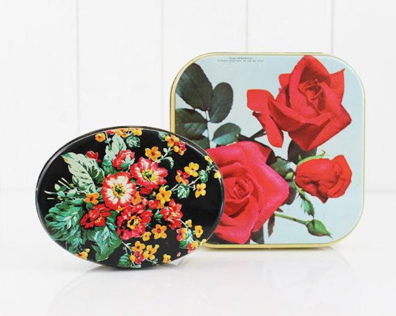 French Vintage Tin Box PARIS Red Rose Storage Metal Box with Lid