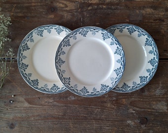 Conjunto de 3 placas antiguas de piedra de hierro francesa Choisy le Roi Bordeaux Teal Blue Transferware Placas Terre de Fer 1800s, Placas Art Nouveau