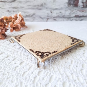 Vintage Sarreguemines Trivet, Rustic Ceramic Tile with Metal Stand, French Farmhouse Kitchen Decor, Neutral Speckled Hot Plate