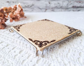 Salvamanteles vintage Sarreguemines, azulejo de cerámica rústico con soporte de metal, decoración de cocina de estilo rústico francés, placa calefactora moteada neutra