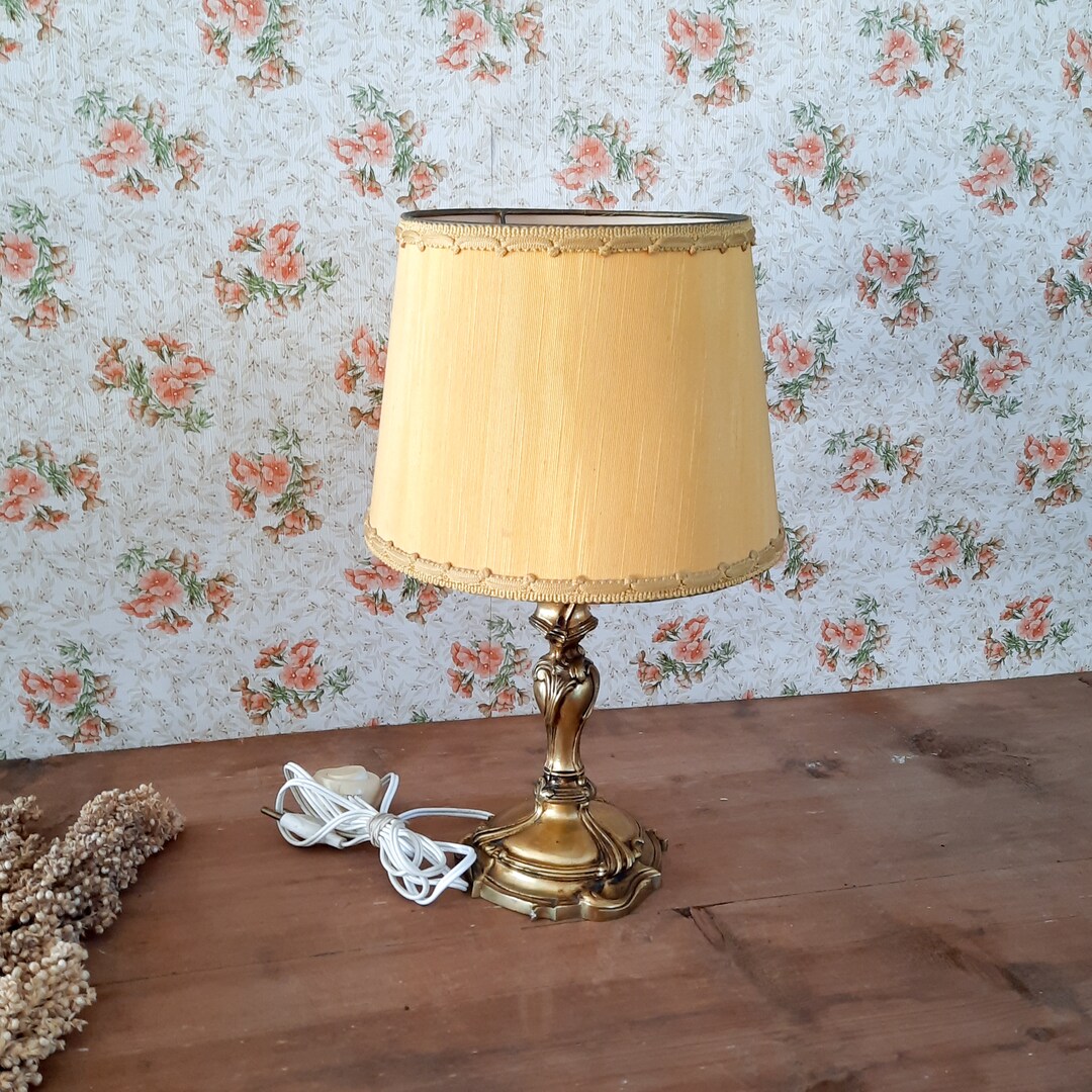 French Vintage Yellow Lamp With Floral Cast Metal Base French Etsy