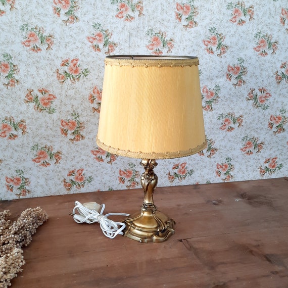 French Vintage Yellow Lamp With Floral Cast Metal Base French 