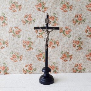 Ebonized Black Wood Crucifix on Stand, French Crucifix Vintage, Black Wooden Cross, Religious Statue,