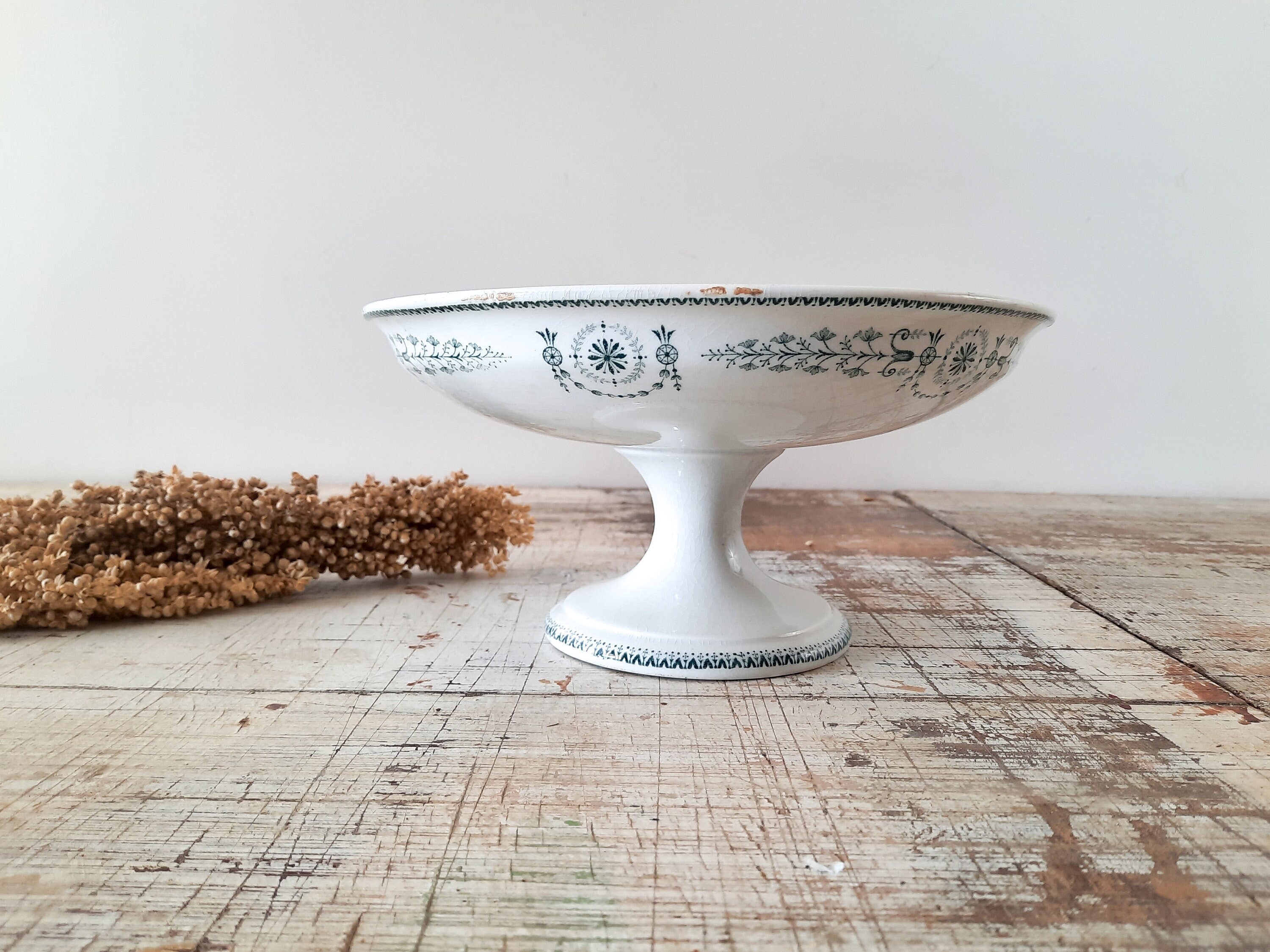 Français Ironstone Compote Dish de Luneville Laetitia, Green Transferware Cake Stand Pedestal Bowl C