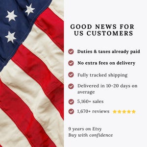 Peut inclure: L'image pr&eacute;sente le drapeau am&eacute;ricain avec le texte &laquo;&nbsp;BONNES NOUVELLES POUR LES CLIENTS AM&Eacute;RICAINS&nbsp;&raquo;. Le texte met en &eacute;vidence les avantages tels que les droits et taxes d&eacute;j&agrave; pay&eacute;s, pas de frais suppl&eacute;mentaires, le suivi et la livraison en 10 &agrave; 20 jours. Il mentionne &eacute;galement les ventes et les avis.