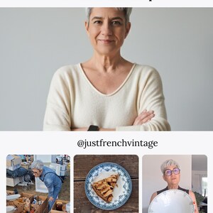 Peut inclure: L'image pr&eacute;sente une femme aux cheveux gris courts et un pull cr&egrave;me. En dessous, trois petites images montrent des trouvailles vintage, dont une part de tarte sur une assiette bleue et blanche et un grand bol blanc. Texte : "La chasse, les trouvailles, la vie derri&egrave;re la boutique."