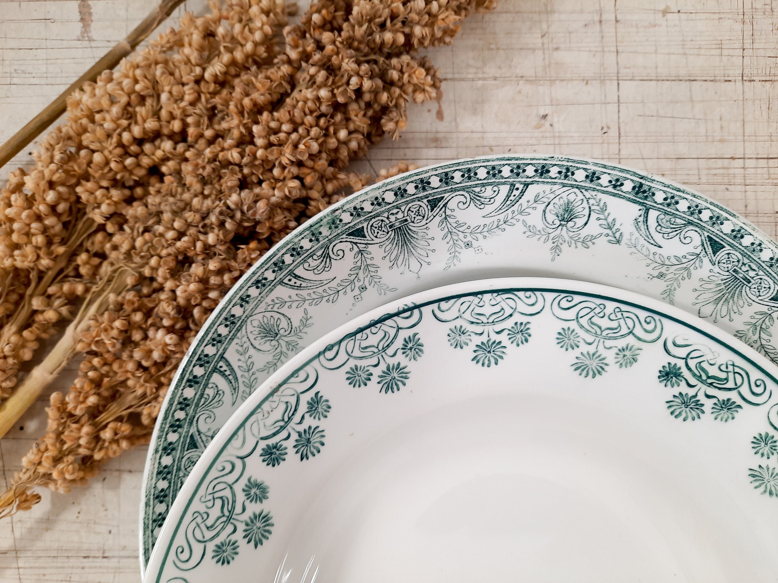 Set de 2 Français Bowl Plate Green Transferware Digoin Sarreguemines et Moulin Des Loups Wilbur Holl