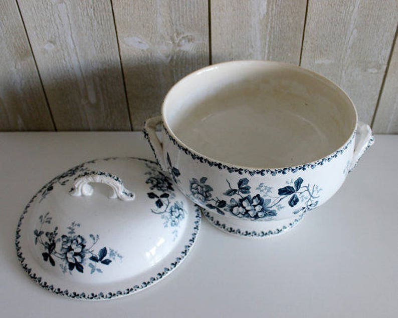 Large Antique Blue Transferware Ironstone Tureen Moulin des Loups French Pedestal Tureen with Lid