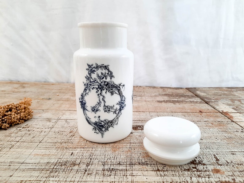 Vintage White Milk Glass Jar With Lid Blue Canister Jar for Etsy