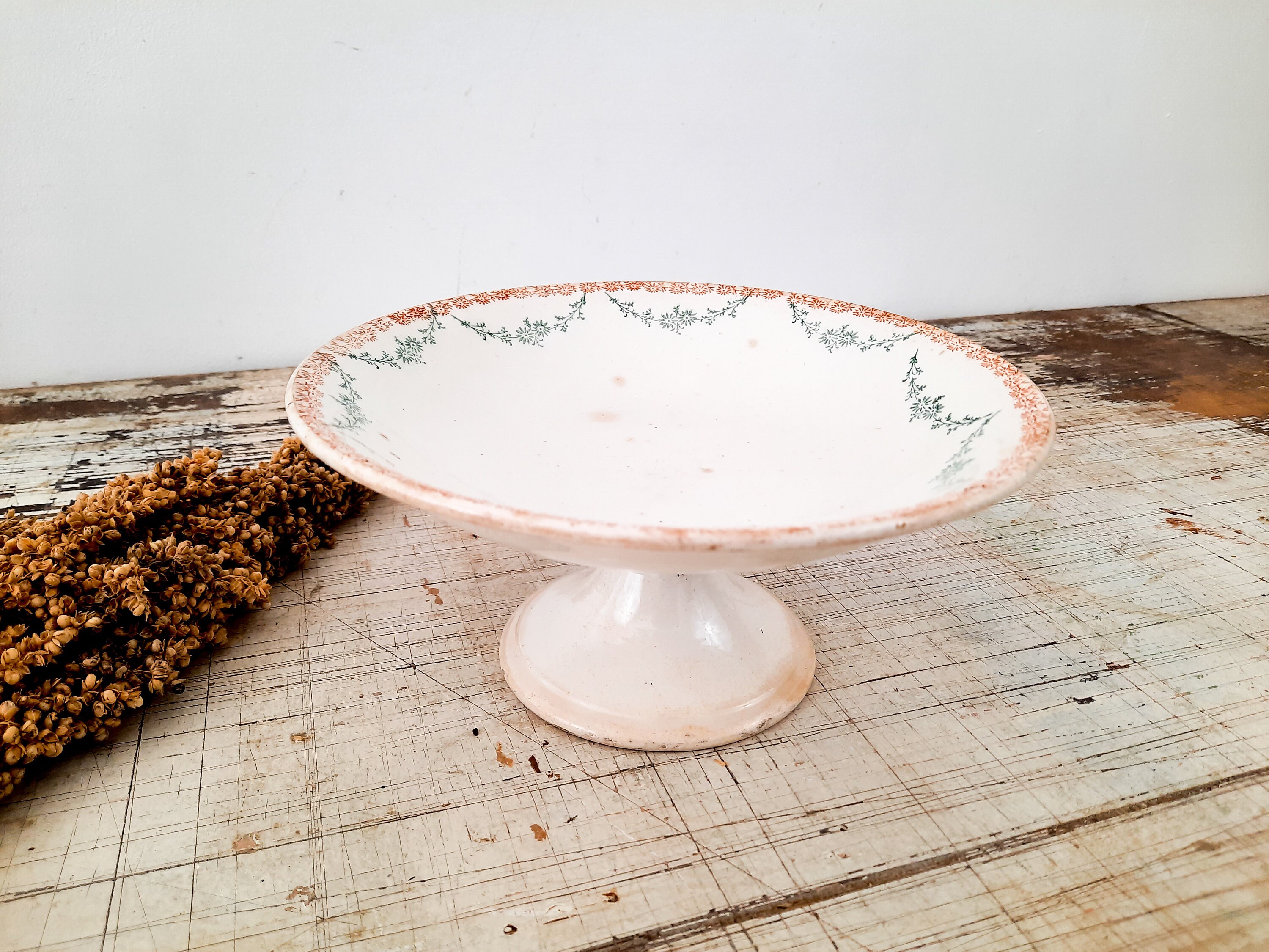 Antique Français Ironstone Terre de Fer Cake Stand, Compotier Givors Orange & Green Transferware, Co