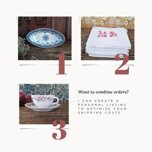 May include: A collage of three images featuring vintage items. The first shows a blue and white oval serving dish. The second displays a stack of white embroidered napkins with red initials. The third shows a teacup and saucer with floral designs.