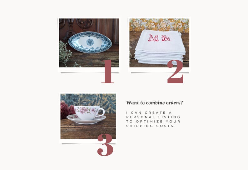 May include: A collage of three images featuring vintage items. The first shows a blue and white oval serving dish. The second displays a stack of white embroidered napkins with red initials. The third shows a teacup and saucer with floral designs.