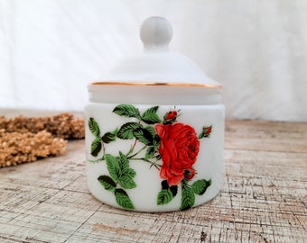 French Vintage White Milk Opaline Glass Storage Jar with Red Rose Pattern, Canister Bathroom or Dressing Table Opaline Pot with Lid
