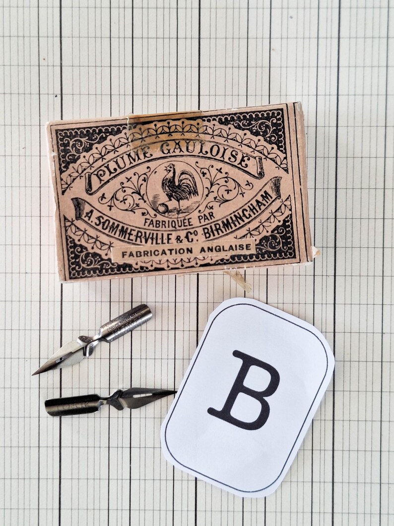 K&ouml;nnte beinhalten: Eine rechteckige Pappschachtel mit der Aufschrift Plume Gauloise A. Sommerville & Co Birmingham Fabrication Anglaise mit einer Hahn-Illustration, zwei metallischen Kalligrafiefedern und einer wei&szlig;en rechteckigen Karte mit dem schwarzen Buchstaben B.