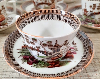 Tea Cup And Saucer Digoin Sarreguemines Antique French Flat Cup and Saucer Limoges China Japonses Style Asian Decor Tea for Gifts Tea Cup And Saucer Digoin Sarreguemines Antique French Flat Cup and Saucer Limoges China Japonses Style Asian Decor Tea for Gifts