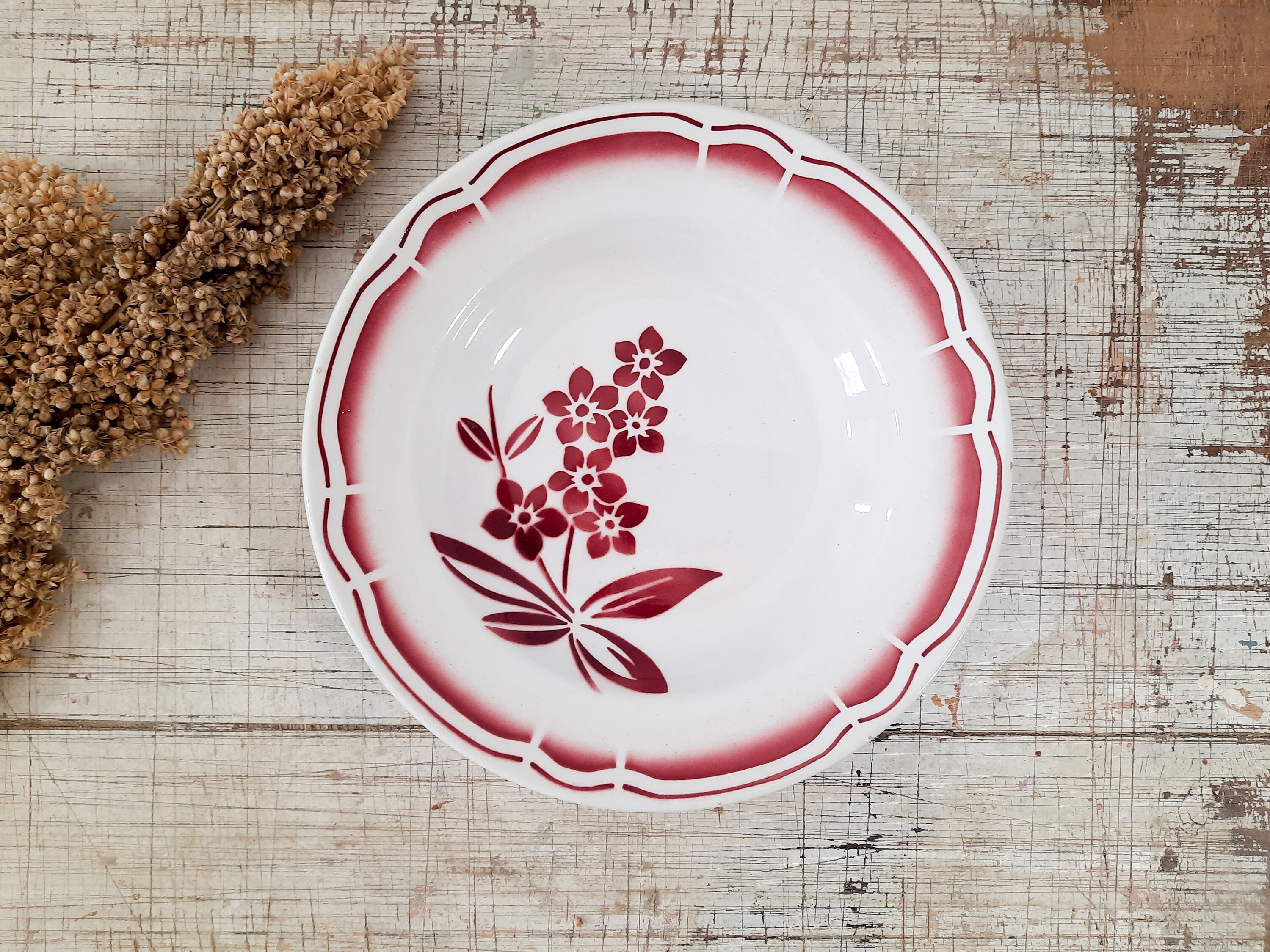 Assiette de Bol Antique Badonviller Limoges, Rose Rouge, Assiette Rustique Français en Grès, Plat Se
