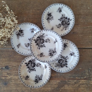 French Ironstone Black Transferware Plate from Sarreguemines France, Flore, Terre de Fer Single Plate 1900s