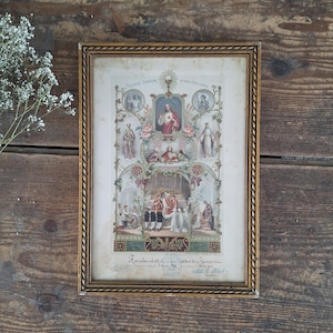 Certificato di Prima Comunione incorniciato del 1927, litografia pia, litografia antica, incisione religiosa, decorazione murale religiosa, arte murale cristiana