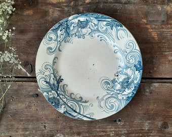 Antique Ironstone Flat Plate from SALINS France with Crowned Salamander, Terre de Fer Blue Transferware Plate