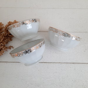 Set of 3 Vintage French Pedestal Cafe au Lait Bowls Faceted Ironstone Gold and White Porcelain Coffee Bowls image 6