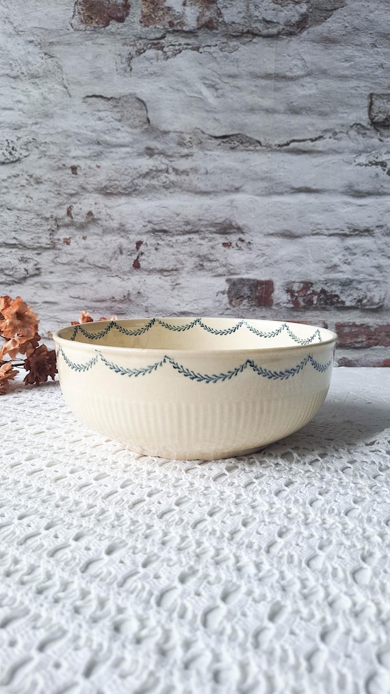 Antique French Ironstone Saladier Bowl, Terre de Fer Serving Bowl, Louis XVI Laurel Wreath, Cream Beige Vintage Transferware
