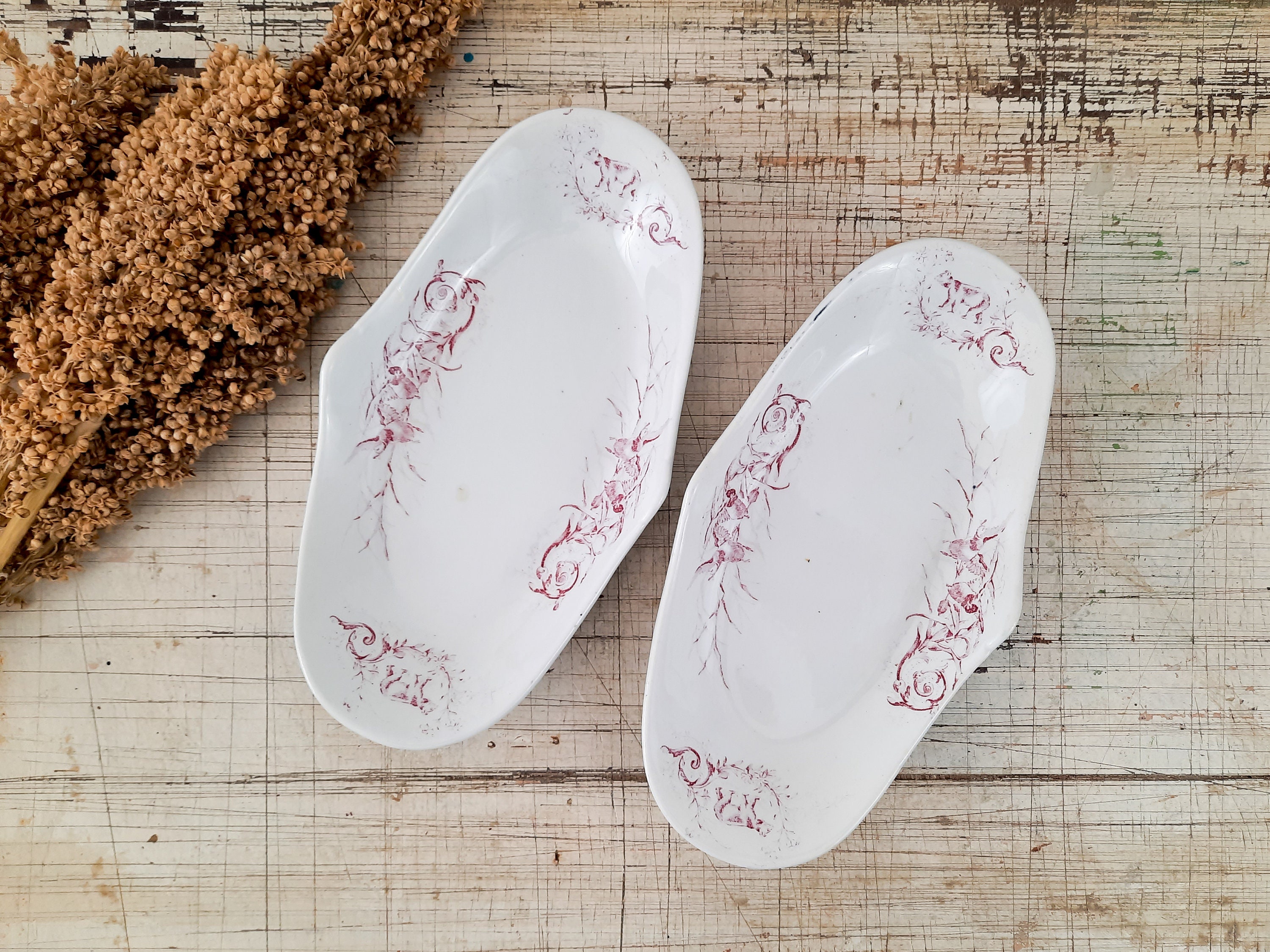 Paire de Français Antique Red Transferware Servant Dish Oval Shape Luneville Chasse Trinket Shabby C