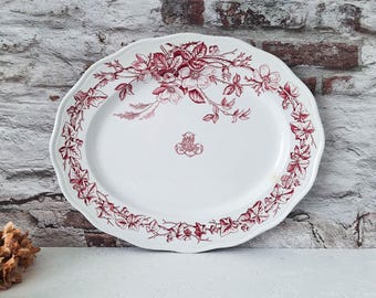 Extra Large English Red Transferware Platter, Antique Oval Ironstone Serving Dish, Brown Westhead Moore Fritz Pattern