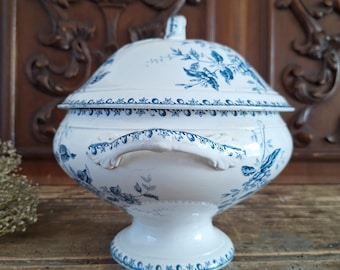 Blue Transferware Ironstone Lidded Tureen by St Amand Caiffa, Blue Ironstone Soup Bowl with Lid Terre de Fer, Pedestal Tureen with Lid