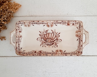 Antique SALINS France Brown Transferware Rectangular Serving Dish, Vintage French Shell Dish