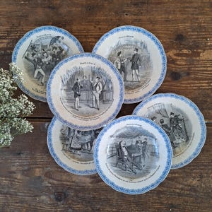 Set of 6 Antique Terre de Fer Plates, France-Russia Alliance, Hautin Boulenger & Cie