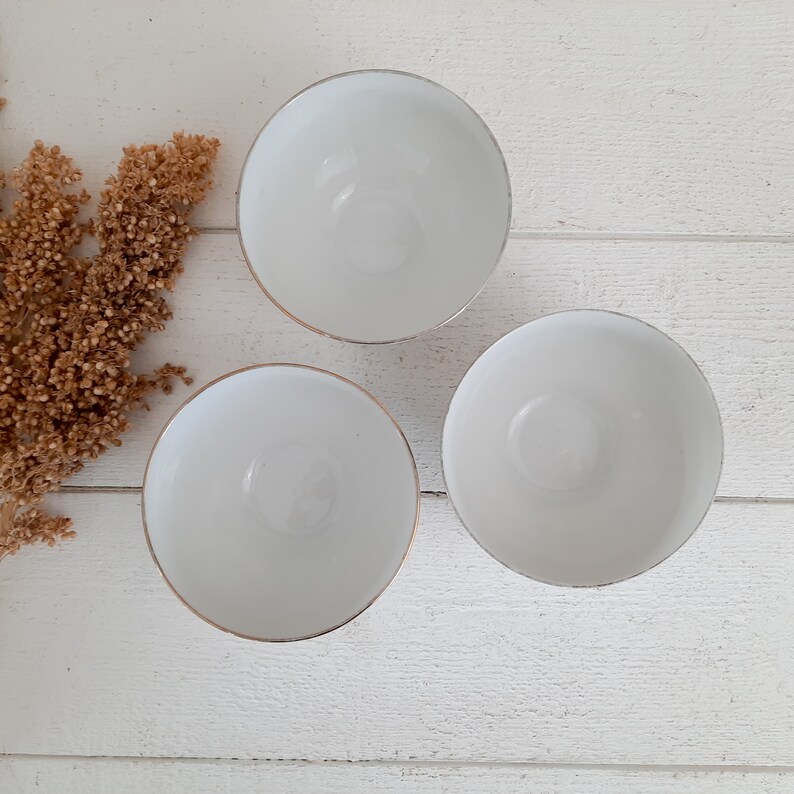 Set of 3 Vintage French Pedestal Cafe au Lait Bowls Faceted Ironstone Gold and White Porcelain Coffee Bowls image 5