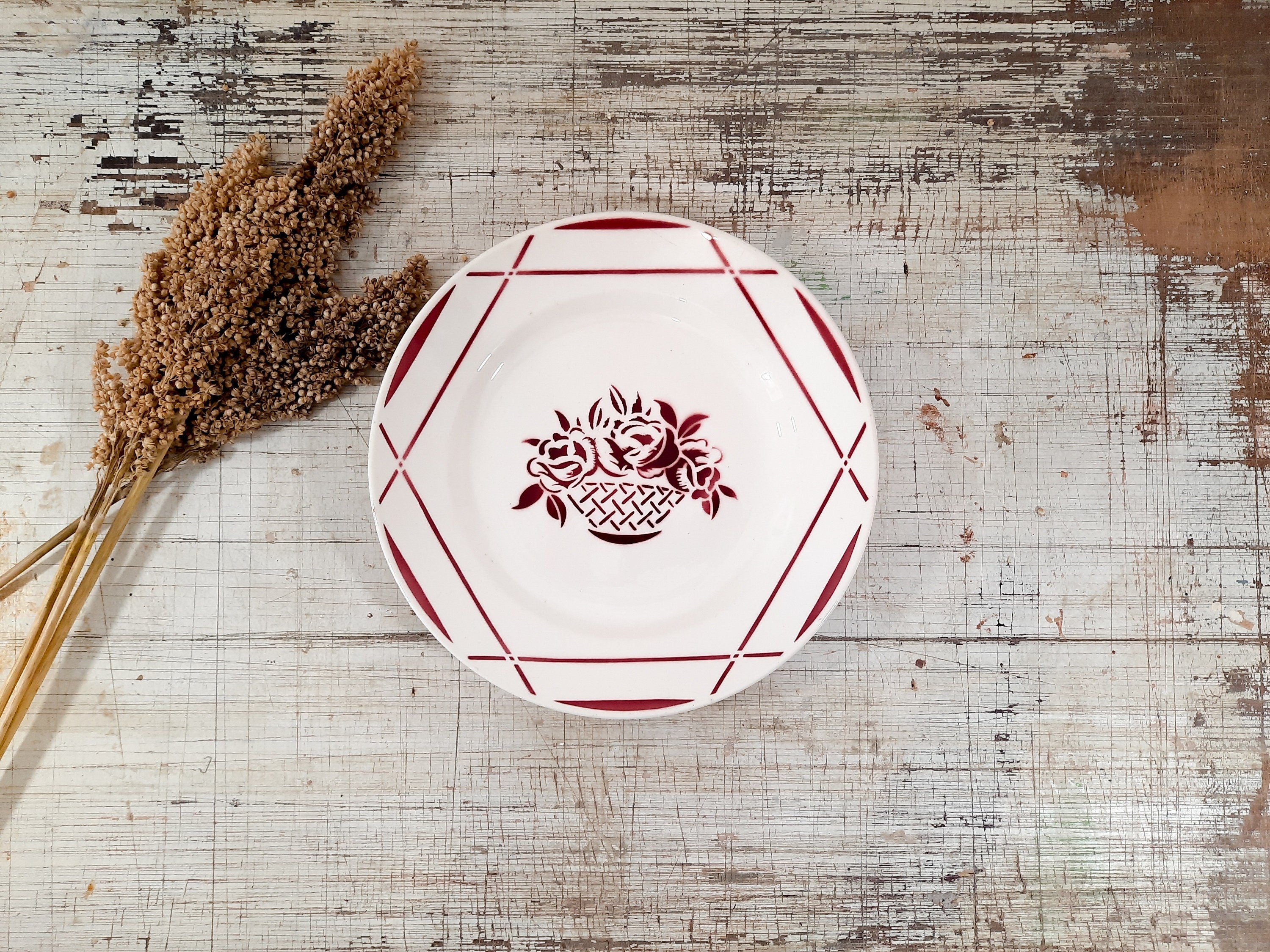 Grand Français Antique Badonviller Ironstone Red Transferware Plateau de Service Rond Vintage, Bol e