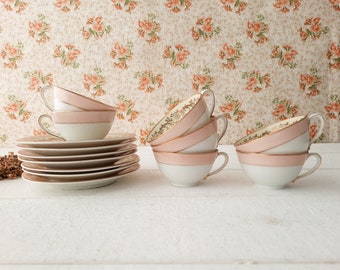 Set of 7 Limoges Porcelain Powder Pink and Gold Coffee Cups and Saucers Haviland Style Coffee for Gifts, Tea for Gifts