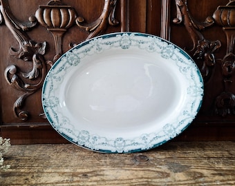 XL Green Transferware Platter LOUVRE by Staffordshire, Antique English Ironstone Oval Serving Dish
