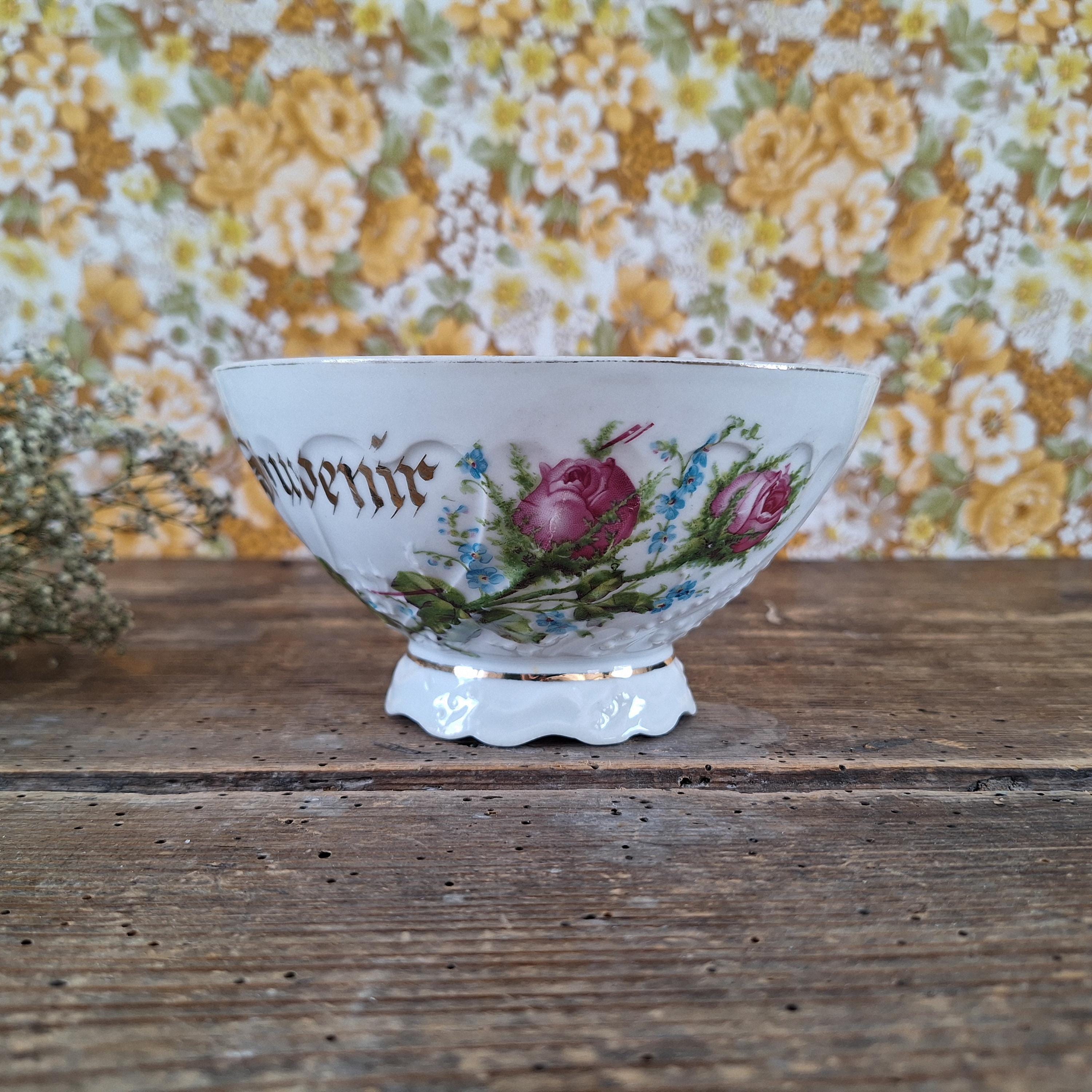 Large French Antique Souvenir Bowl Hand-Painted Roses and Gilded Letters Souvenir, Shabby Chic Cottagecore Gift, Romantic Vintage Decor 1900