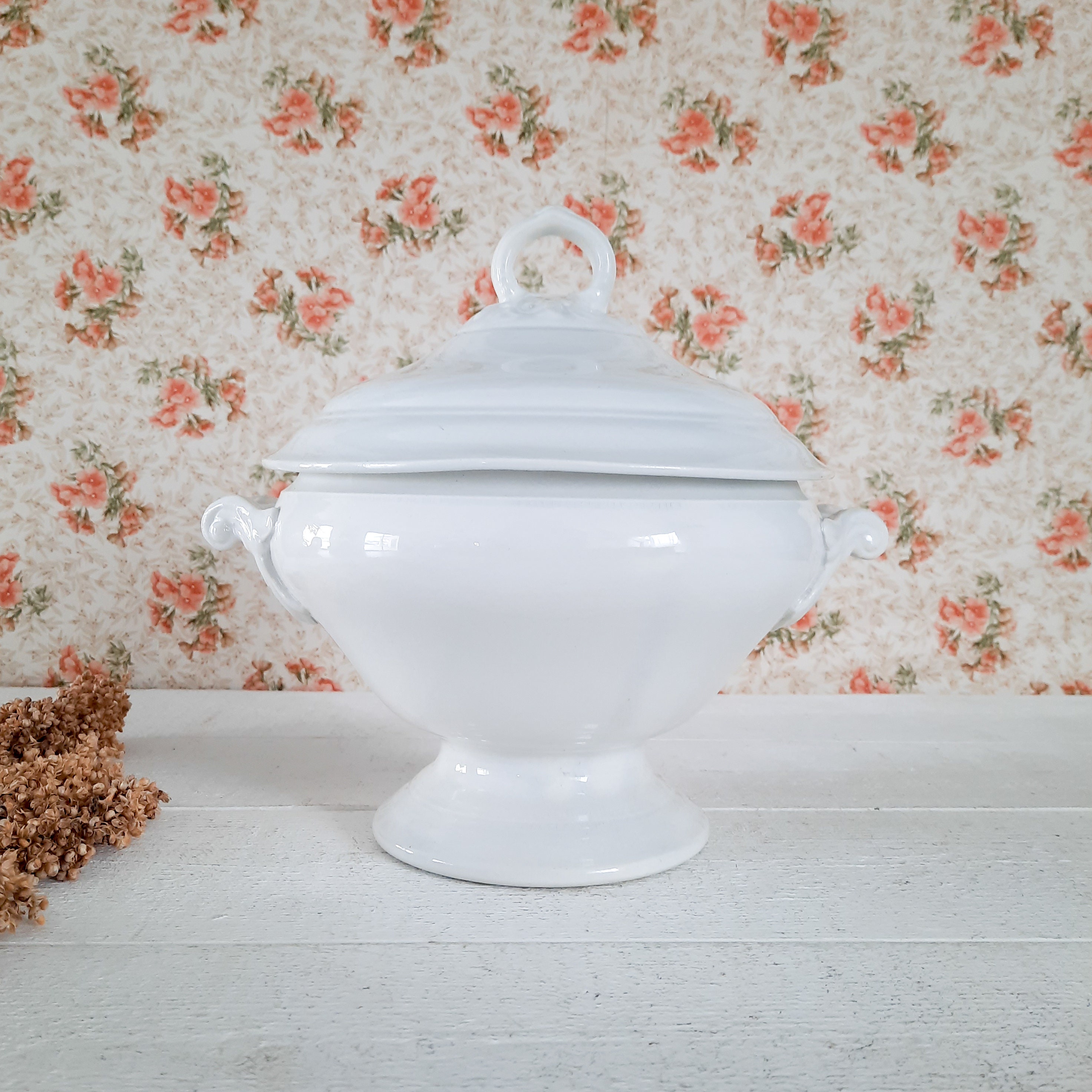 antique white ironstone luneville chine 1890, français soup tureen avec couvercle, antique faience soupiere