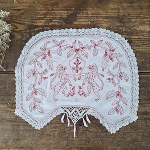 Antique Heraldic Lion Textile, French Redwork Embroidery Linen Wall Hanging with Lace Trim, Medieval Gothic Home Decor Art