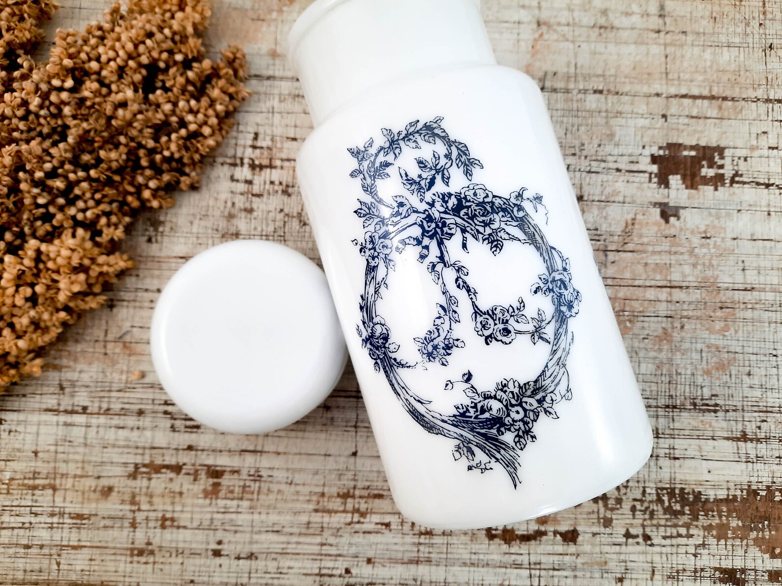 Vintage White Milk Glass Jar With Lid Blue Canister Jar for Etsy